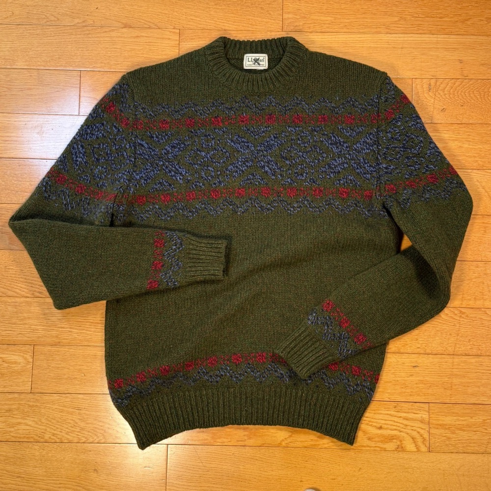 LL Bean Wool Green Fair Isle Crewneck Sweater Pullover Chunky Knit‎